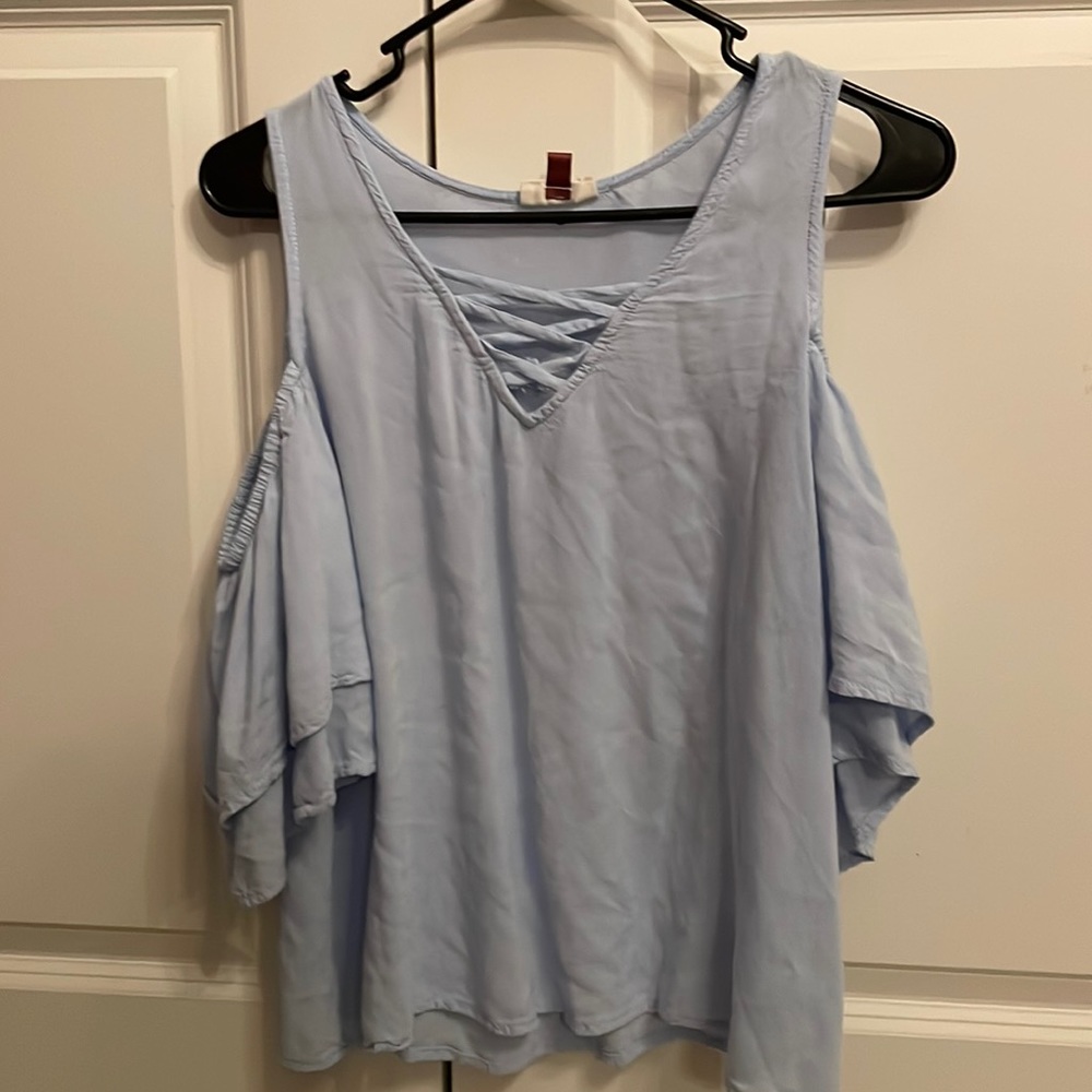 SO baby blue cold shoulder top